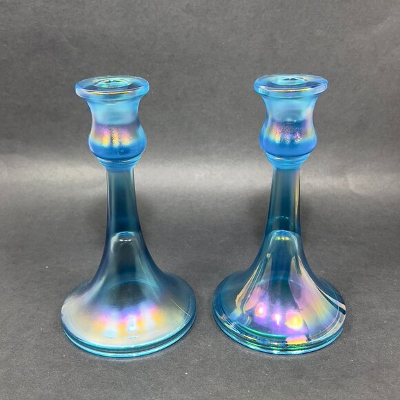 Vtg Central Glass Works Iridescent Blue Stretch Trumpet Candlestick Holders Glow - Picture 5 of 16